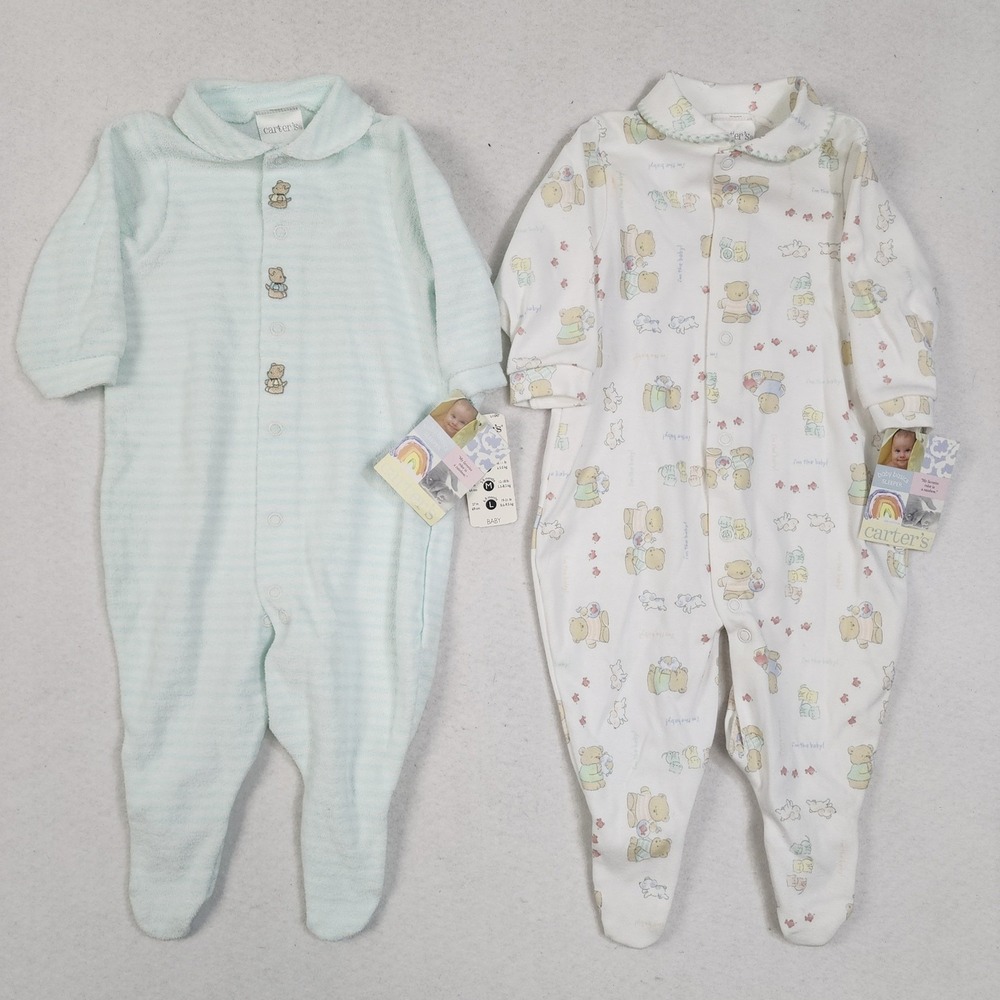 Vtg Carter's Baby Sleeper Medium 3-6 Month Green Beige Striped Winnie Pooh Lot 2